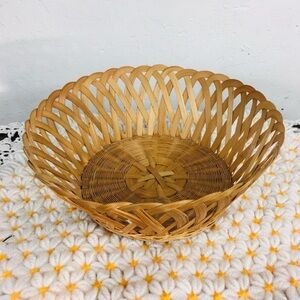 Vintage Boho Woven Basket Round Wicker Bowl Tan Brown Bohemian Decor Style